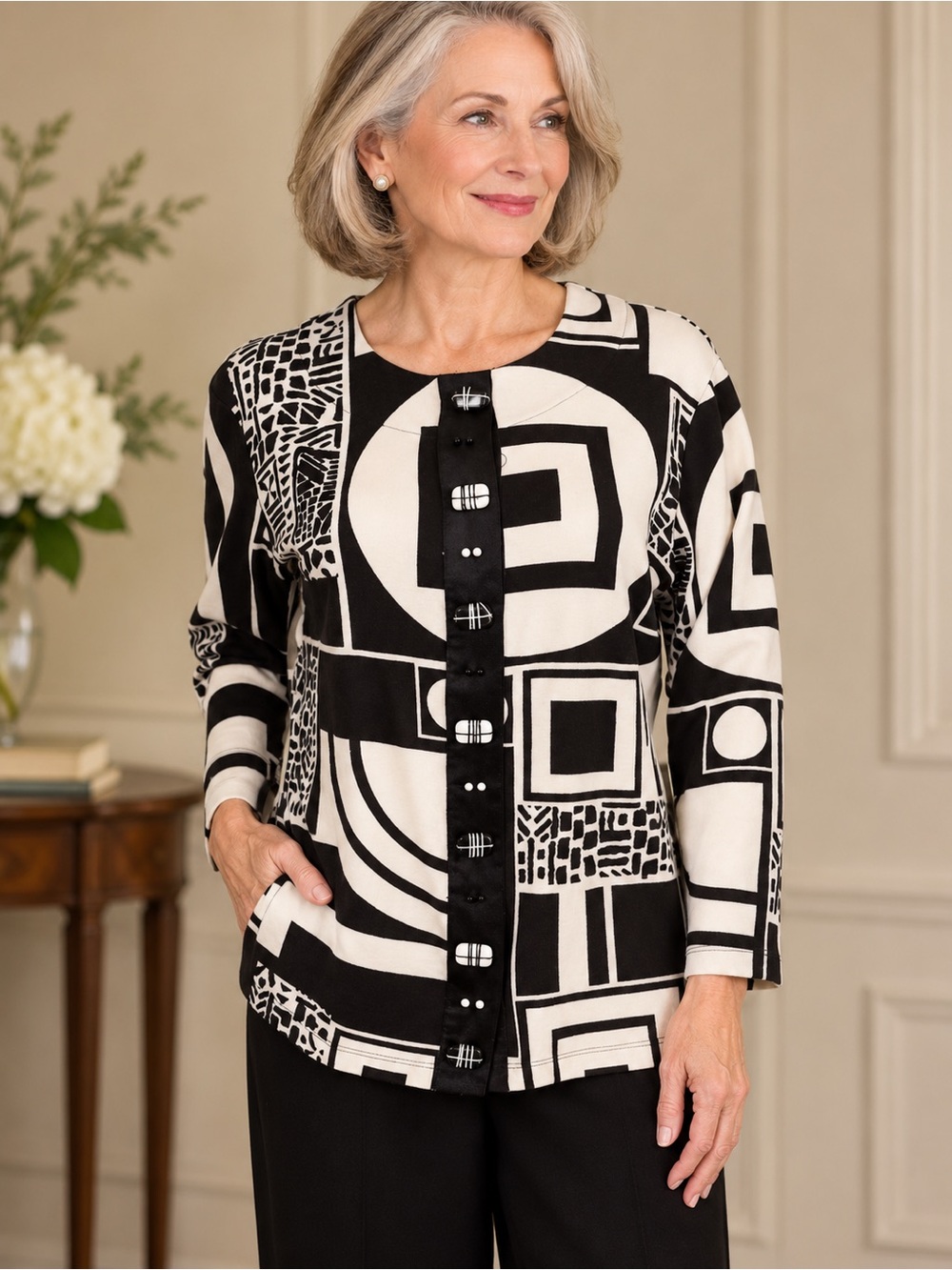 Vintage Retro Kerrybrooke Black & White Geometric Print Top W/M Statement Button
